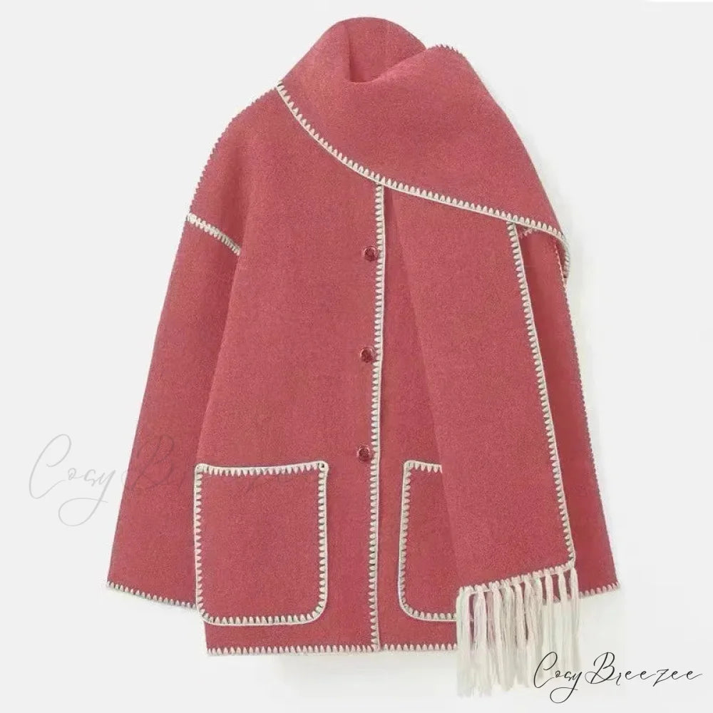 Fashion Woolen Coat With Scarf Tassels Coat Pink / S overcoats-241228