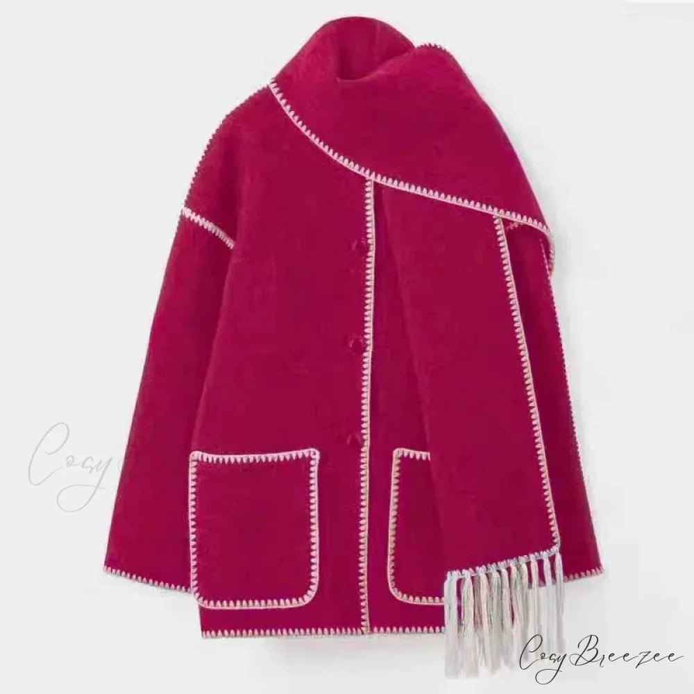 Fashion Woolen Coat With Scarf Tassels Coat rose red / S overcoats-241228