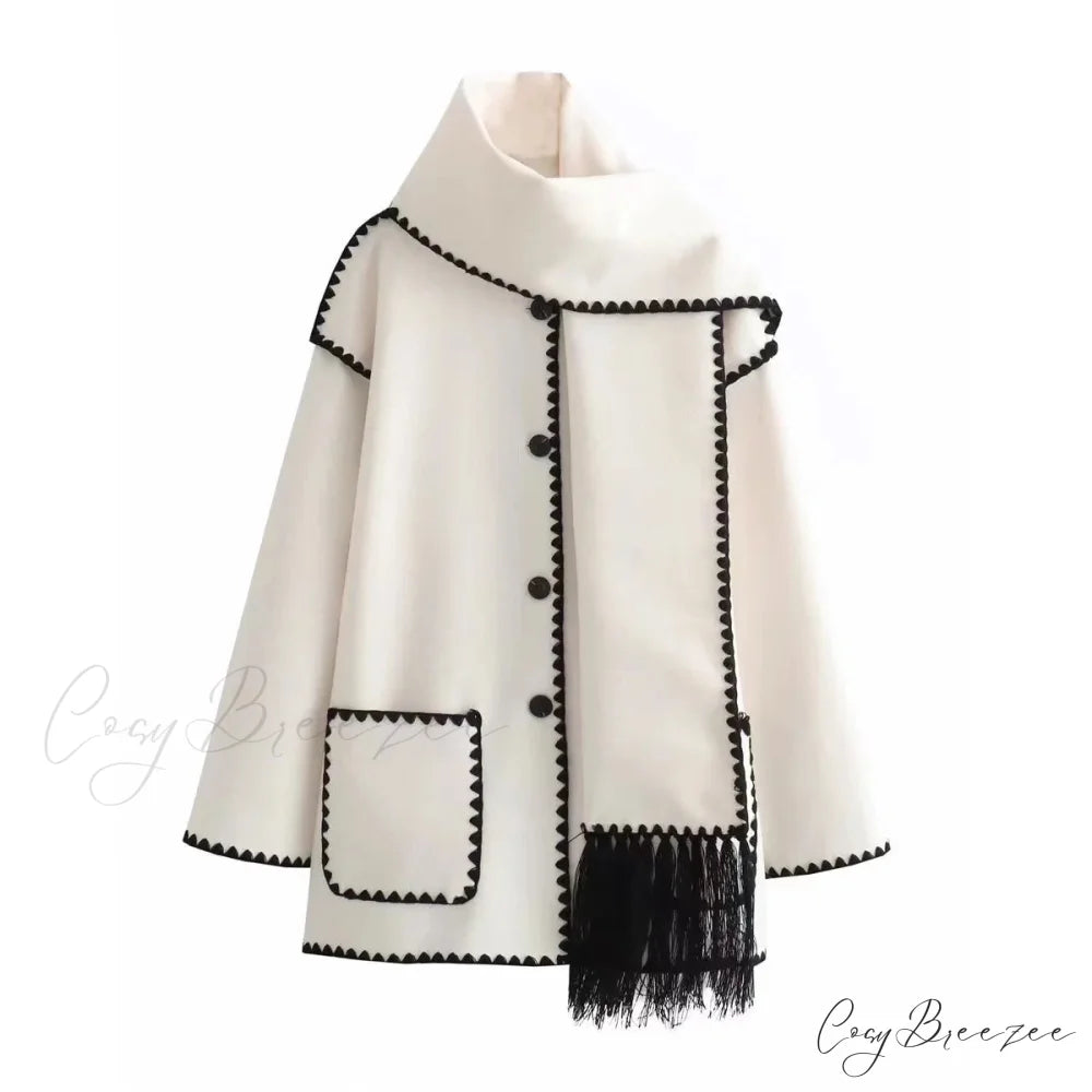Fashion Woolen Coat With Scarf Tassels Coat White / S overcoats-241228