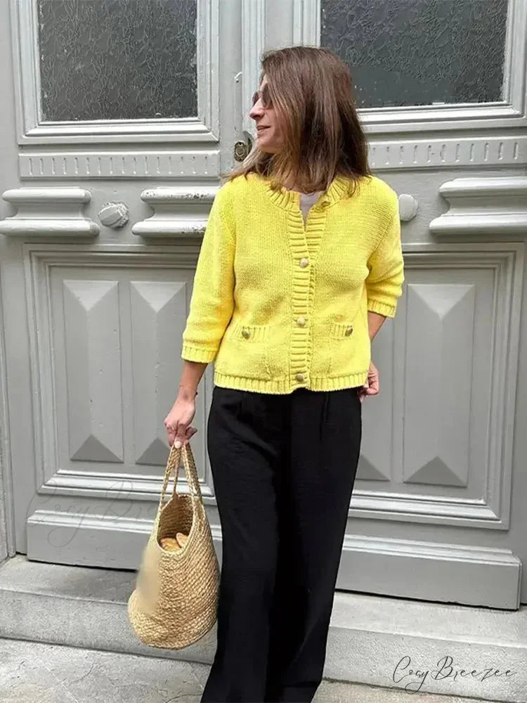 Fashionable Chic Yellow Stylish Cozy Long Sleeve Comfortable Single-breasted Warm Sweater
