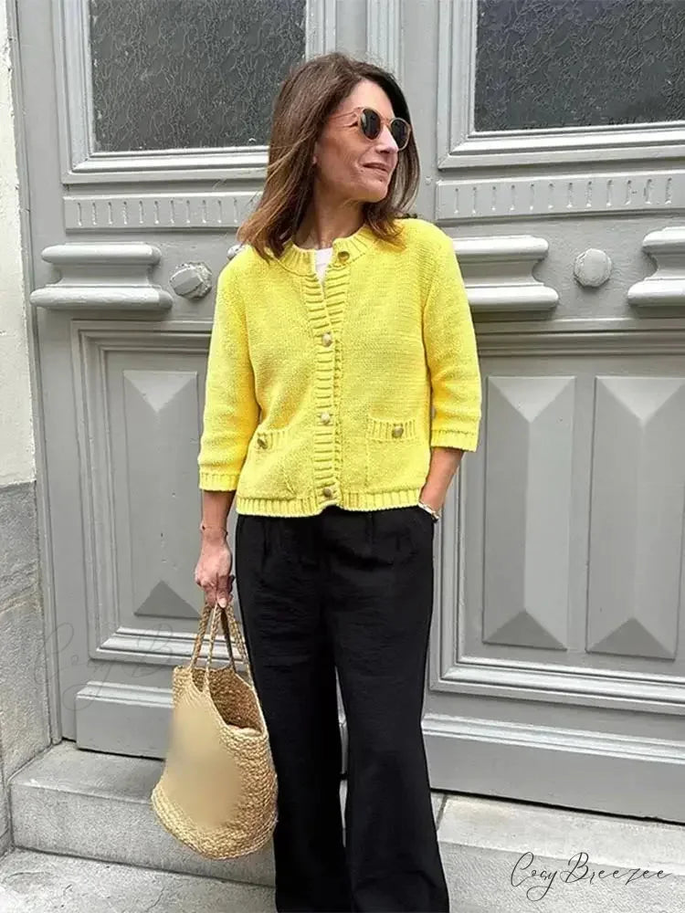 Fashionable Chic Yellow Stylish Cozy Long Sleeve Comfortable Single-breasted Warm Sweater