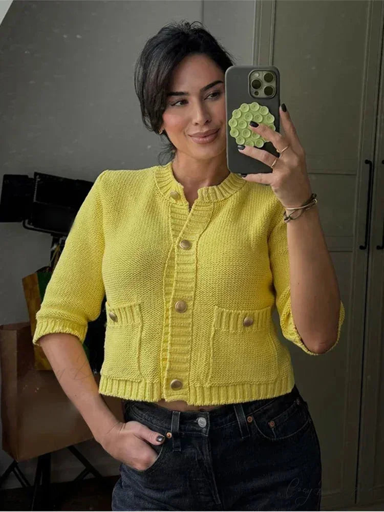 Fashionable Chic Yellow Stylish Cozy Long Sleeve Comfortable Single-breasted Warm Sweater