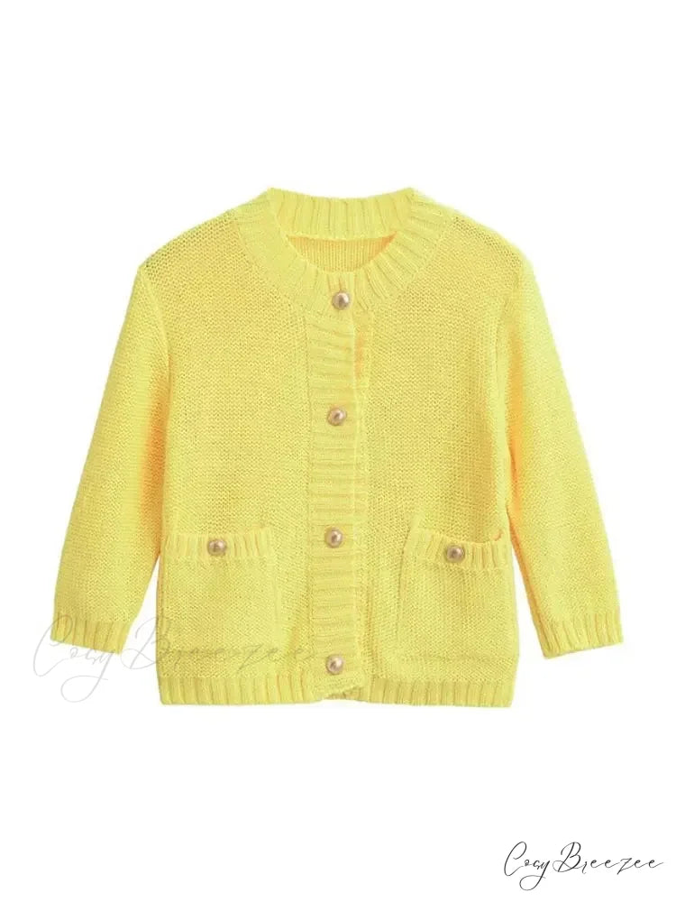 Fashionable Chic Yellow Stylish Cozy Long Sleeve Comfortable Single-breasted Warm Sweater