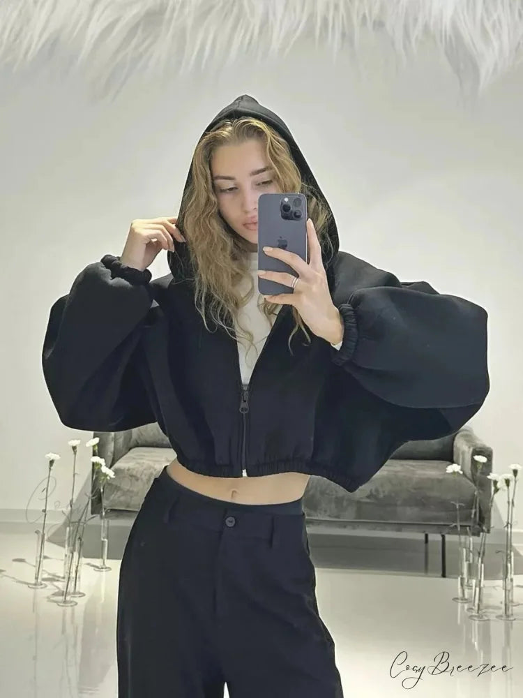 Fashionable Cropped Cozy Solid Color Loose Hoodie