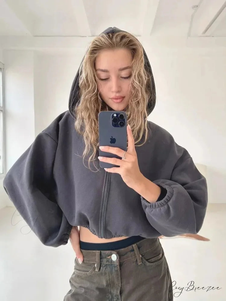 Fashionable Cropped Cozy Solid Color Loose Hoodie Gray / S