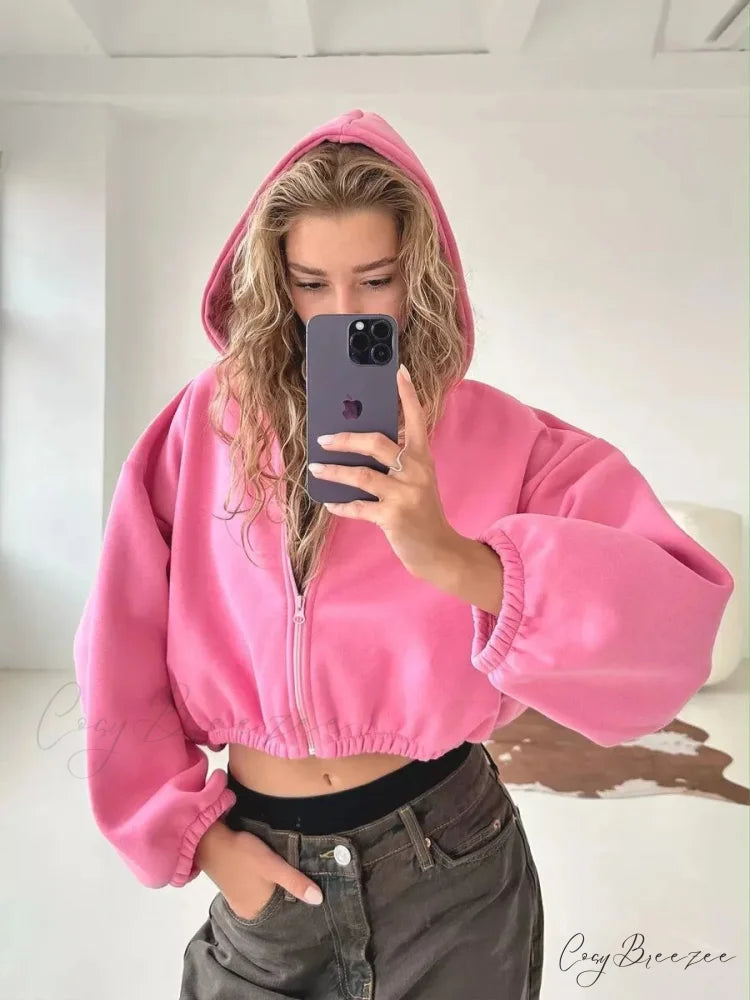 Fashionable Cropped Cozy Solid Color Loose Hoodie Pink / S
