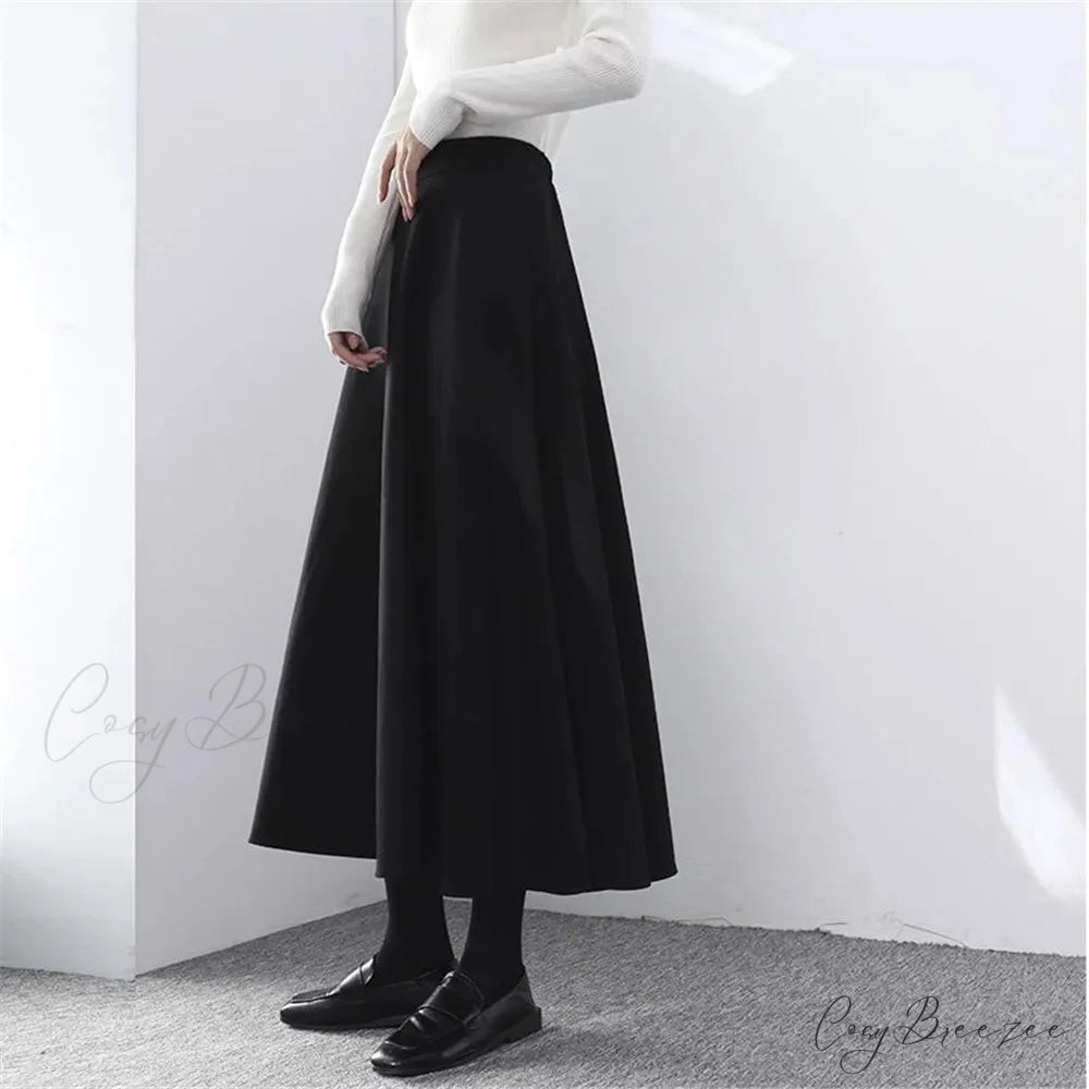 Fashionable High Waist Warm Basic Black Casual Thick Chic Maxi Skirt
