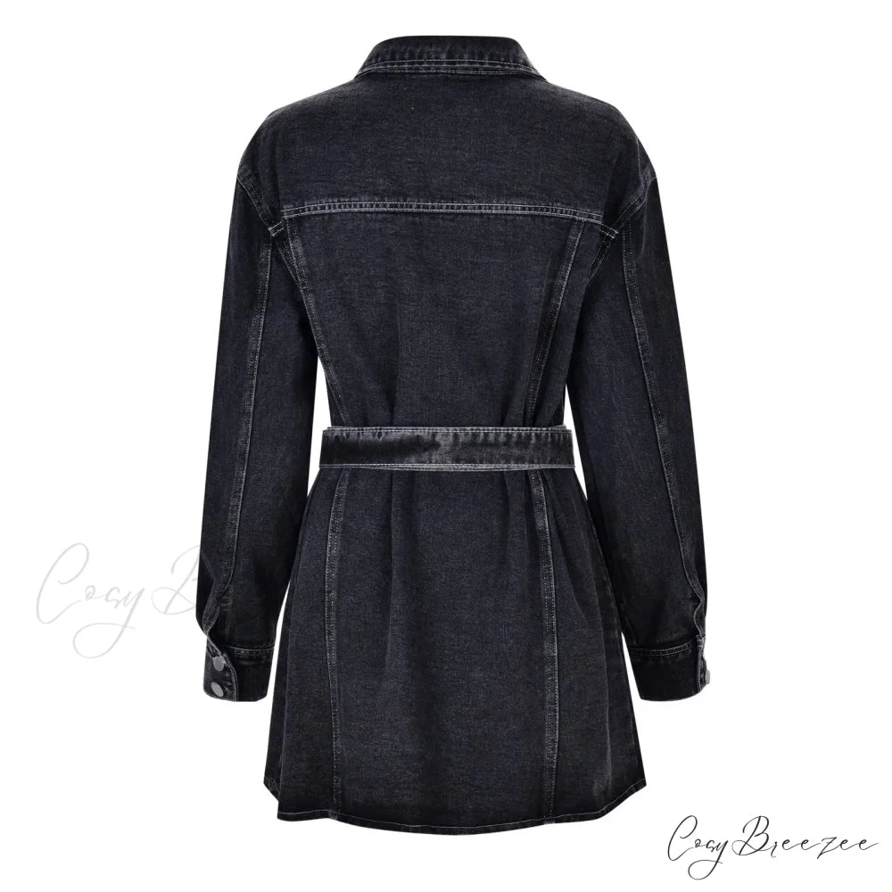 Fashionable Slim Mid-Cuff Belted Denim Office Spring Casual Long-Sleeve Women’s Dress