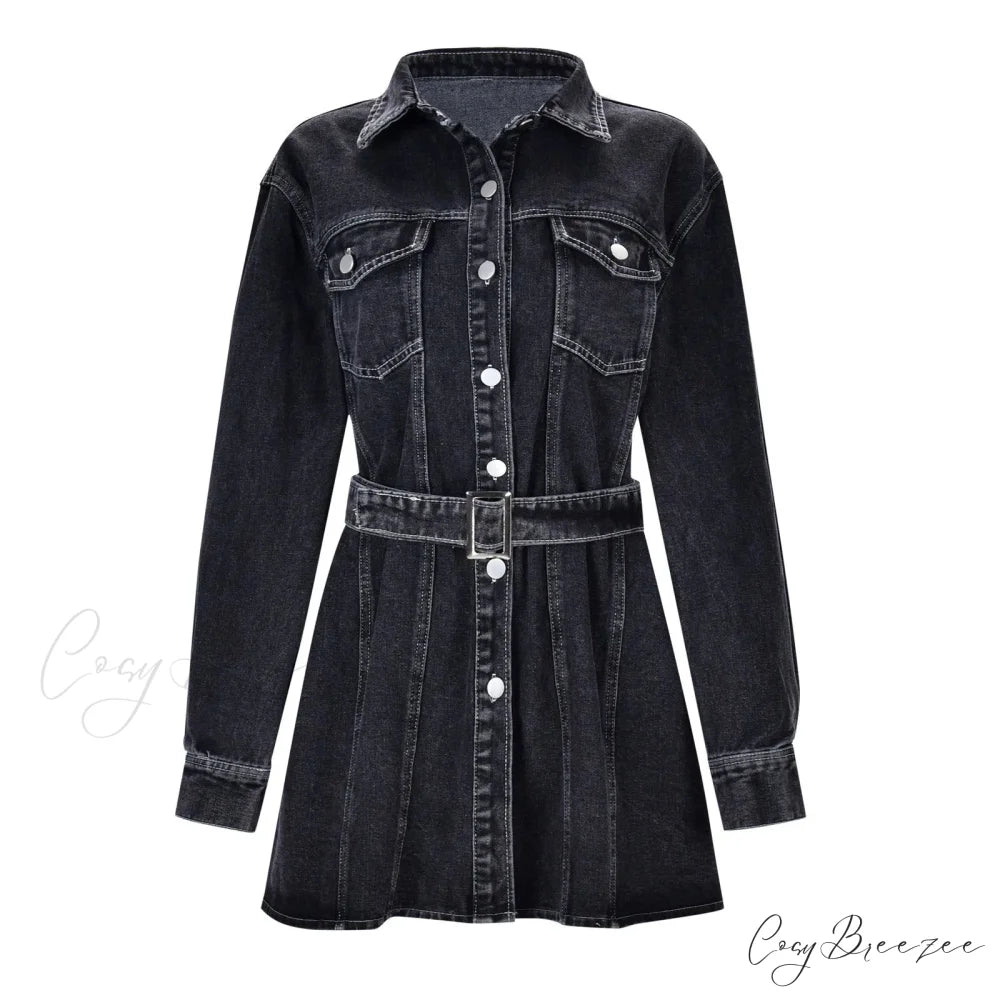 Fashionable Slim Mid-Cuff Belted Denim Office Spring Casual Long-Sleeve Women’s Dress