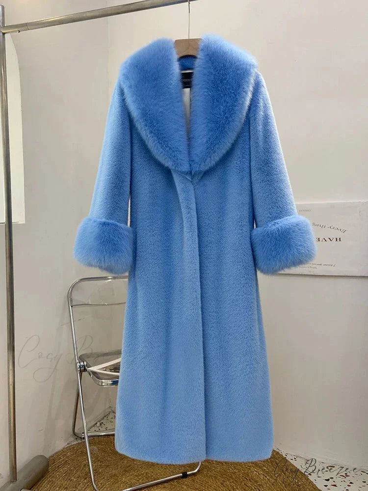 Faux Fur Collar Loose Warm Coat Sky Blue / XS overcoats-241228