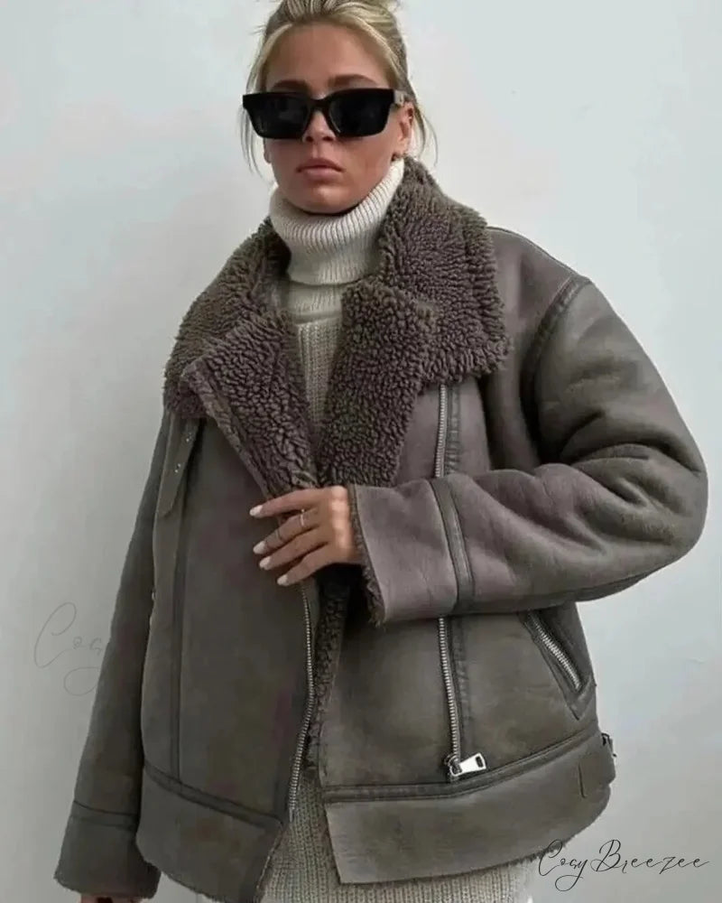 Faux Fur Lapel Long Sleeve Relaxed Coat grey / XS overcoats-241228