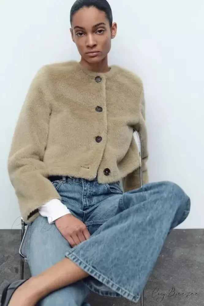 Faux Fur Short Jacket Knit Cardigan Khaki / XS cardigans-241228