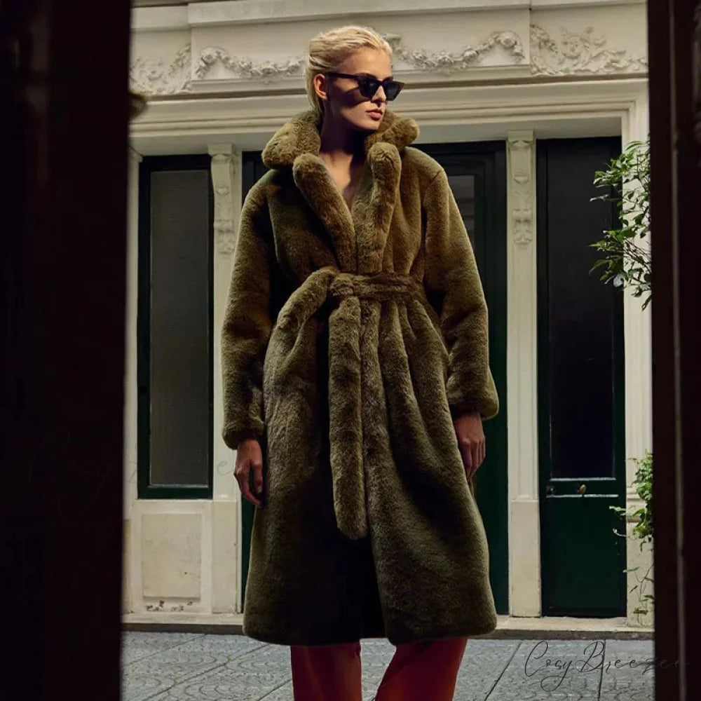 Faux Fur Stylish Long Belted Coat