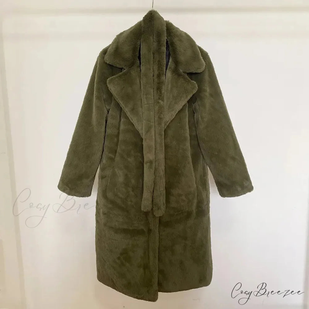 Faux Fur Stylish Long Belted Coat army green fur coat / S