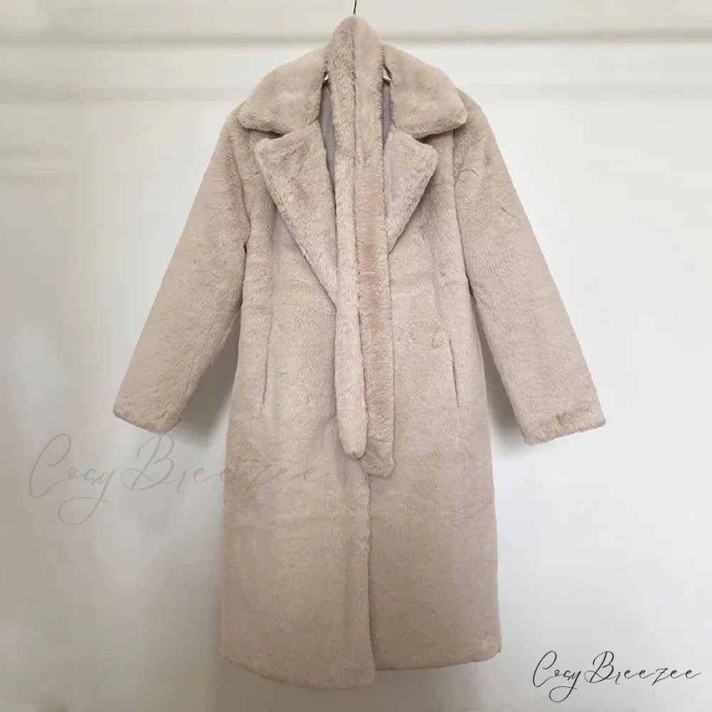Faux Fur Stylish Long Belted Coat beige fur coat / S