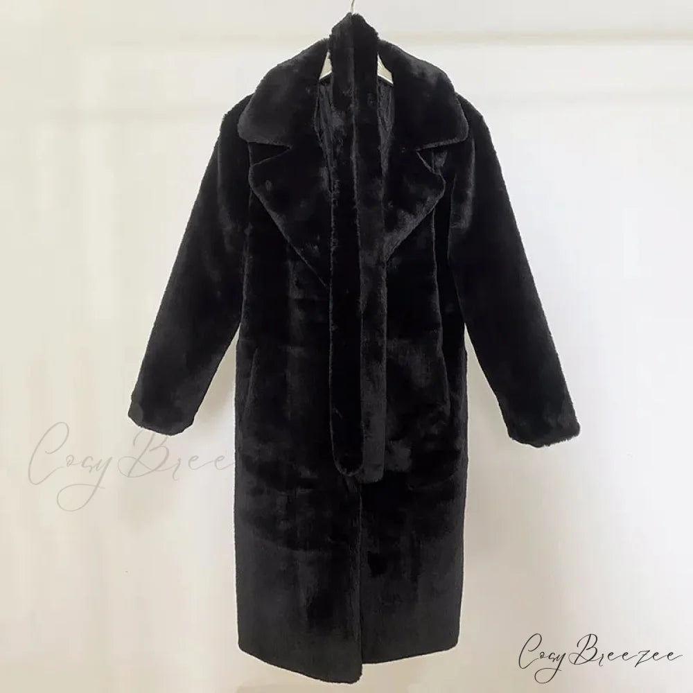 Faux Fur Stylish Long Belted Coat black fur coat / S