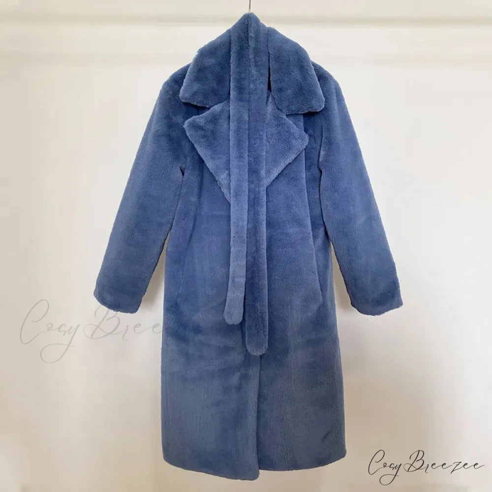Faux Fur Stylish Long Belted Coat blue fur coat / S