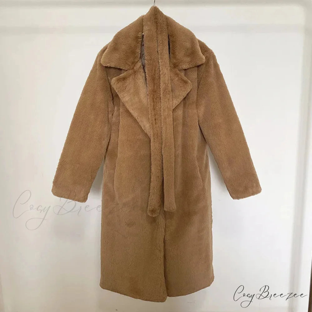 Faux Fur Stylish Long Belted Coat camel fur coat / S
