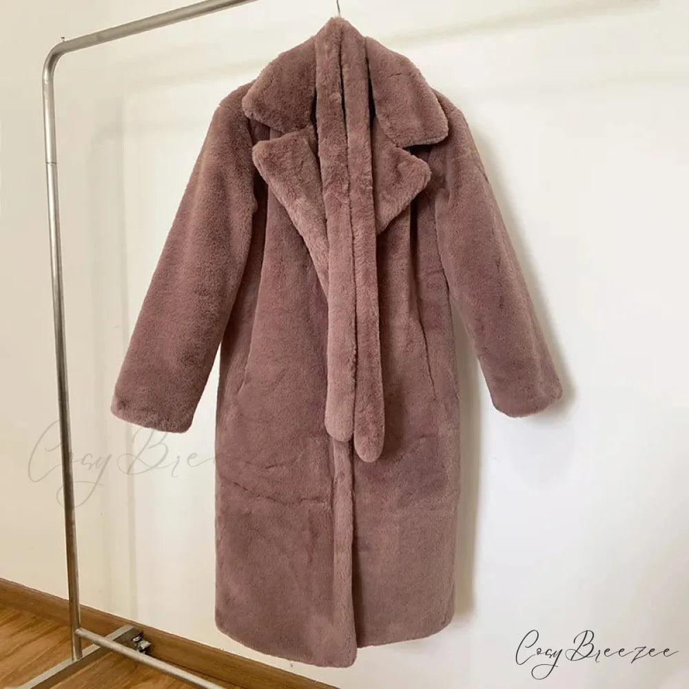 Faux Fur Stylish Long Belted Coat dark pink fur coat / S