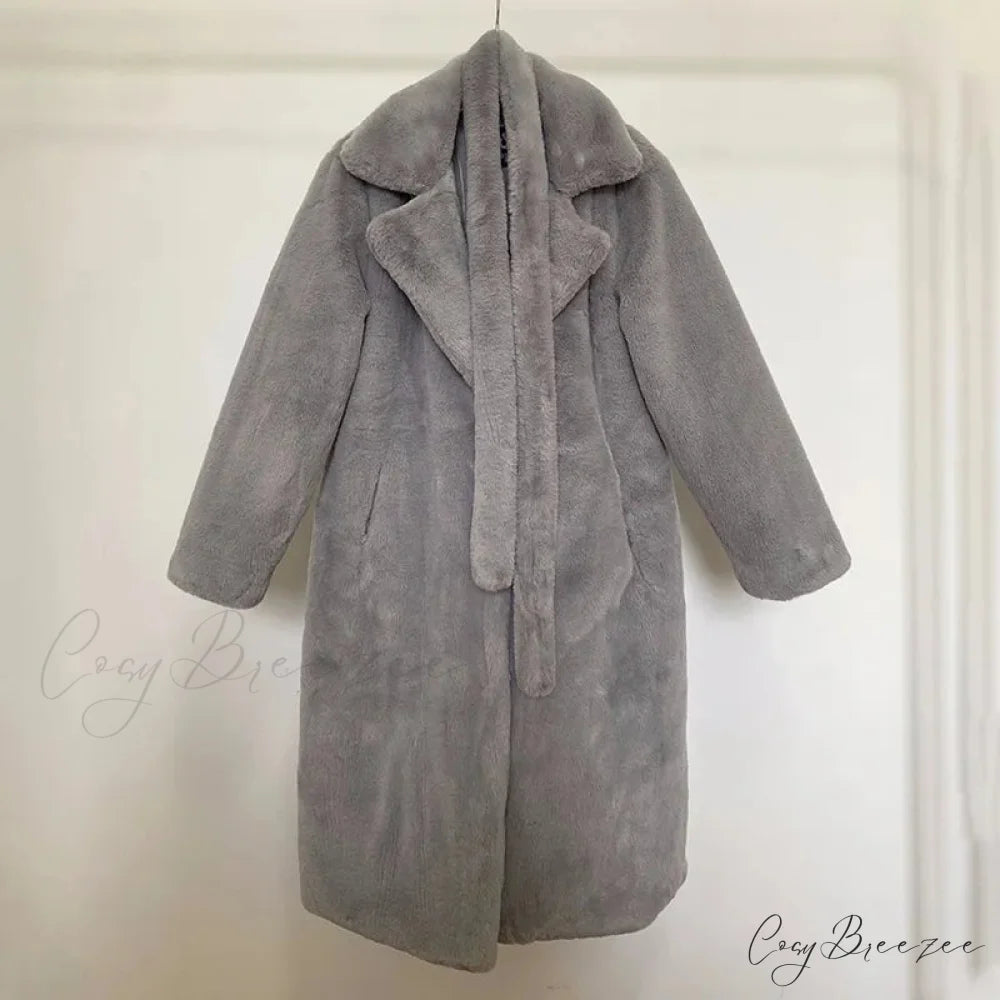 Faux Fur Stylish Long Belted Coat gray fur coat / S