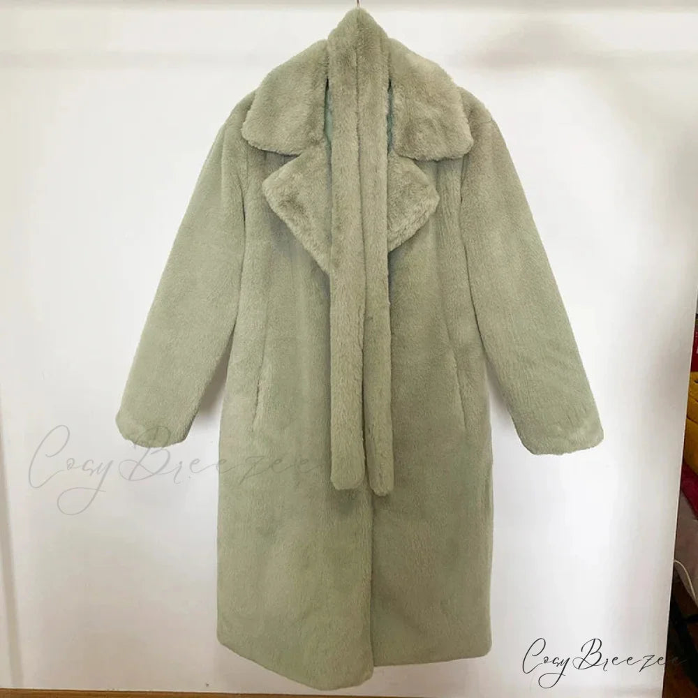 Faux Fur Stylish Long Belted Coat light green fur coat / S