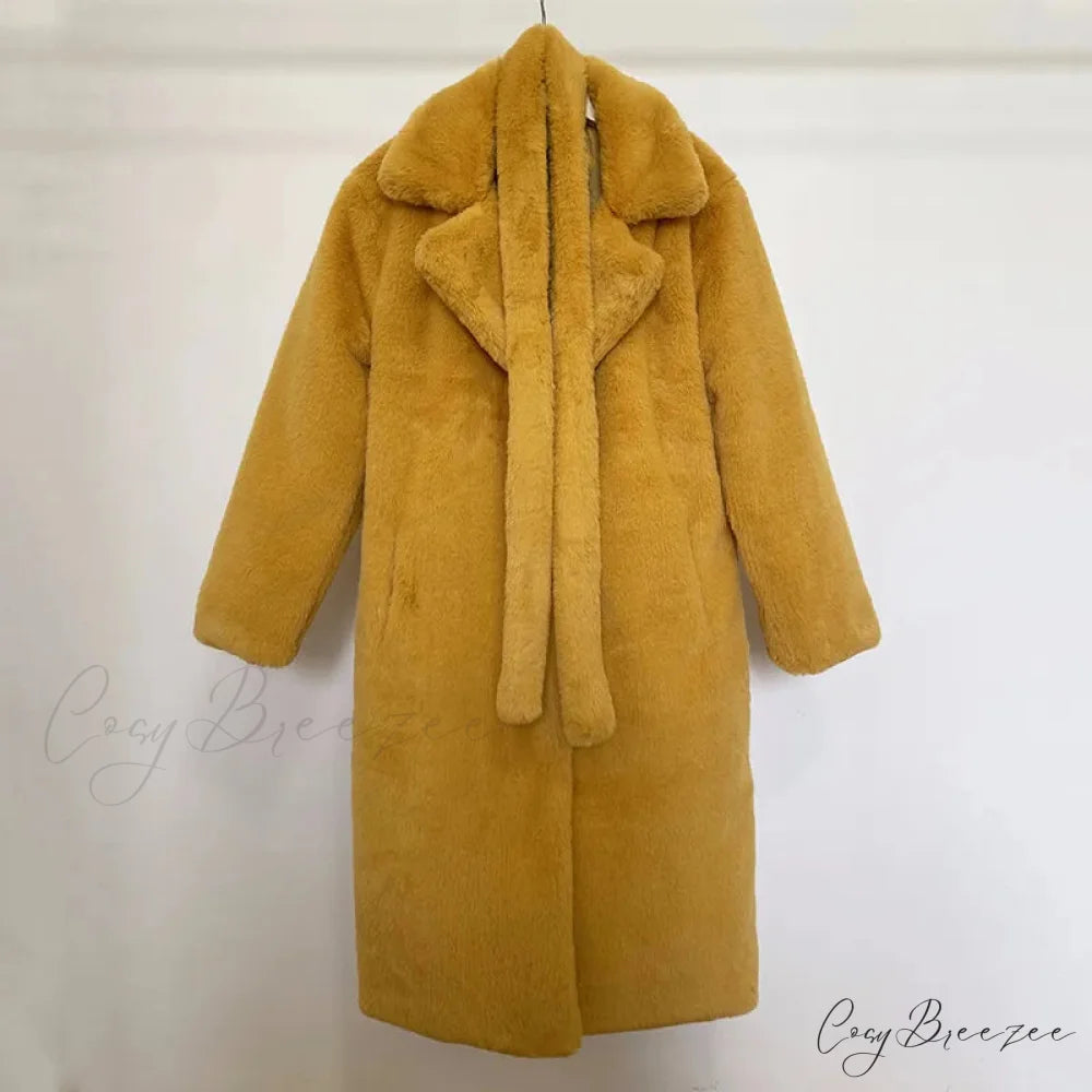 Faux Fur Stylish Long Belted Coat mustard fur coat / S