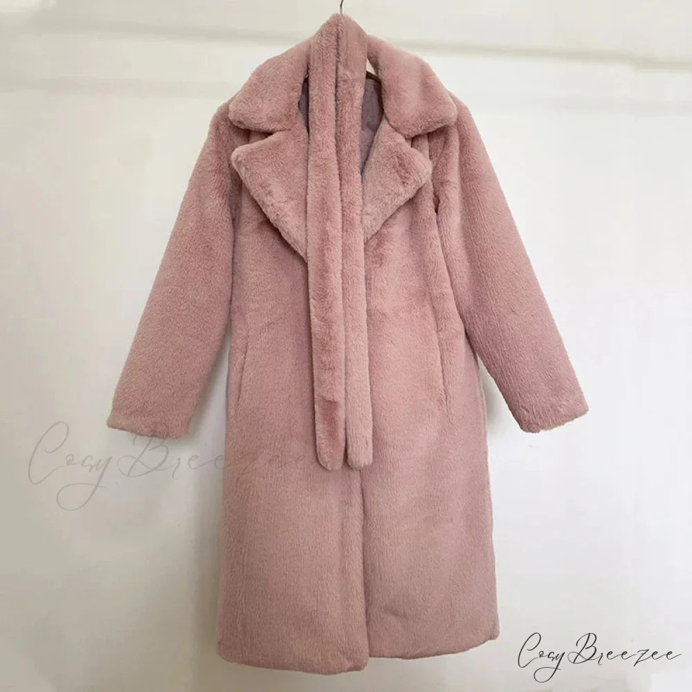 Faux Fur Stylish Long Belted Coat pink fur coat / S