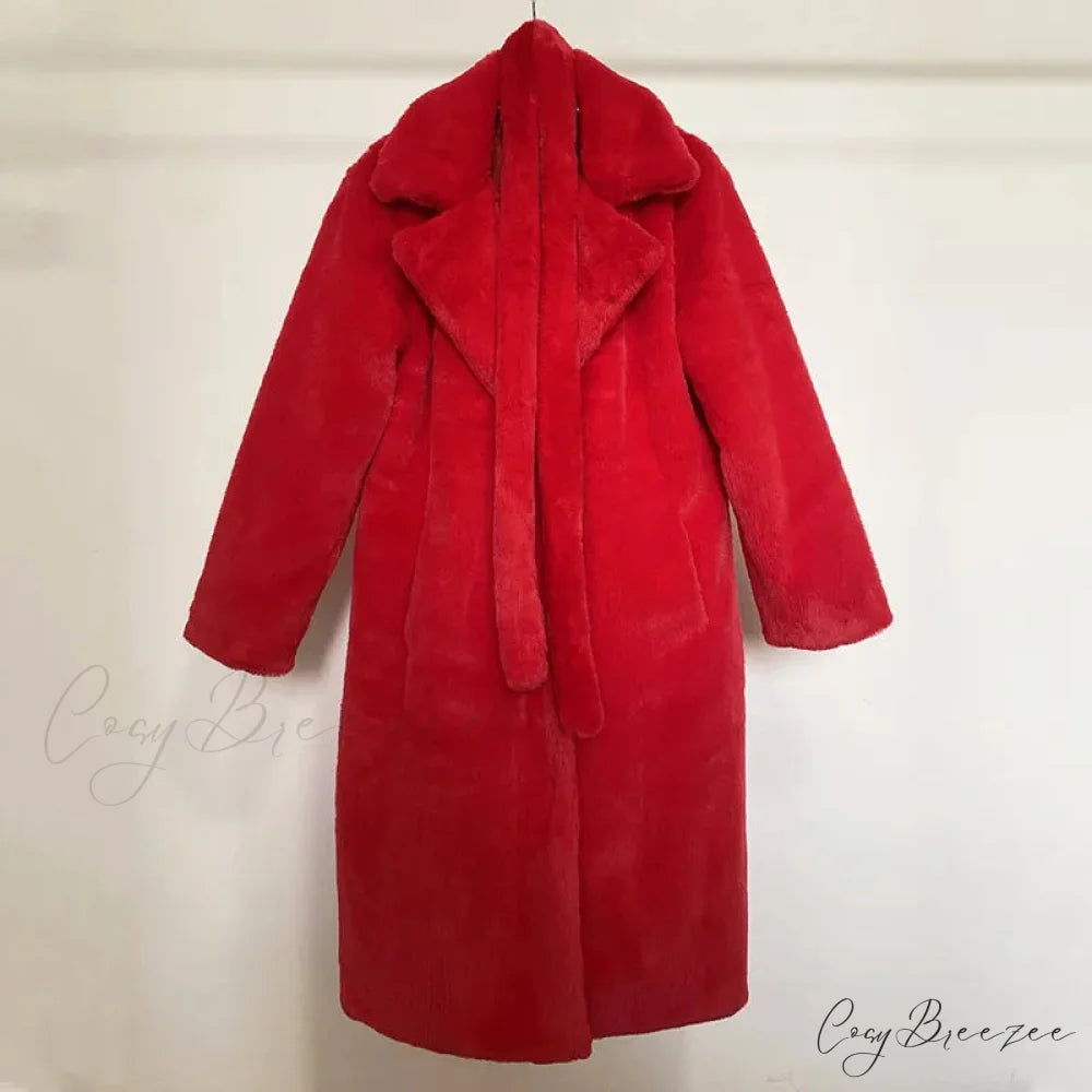 Faux Fur Stylish Long Belted Coat red fur coat / S