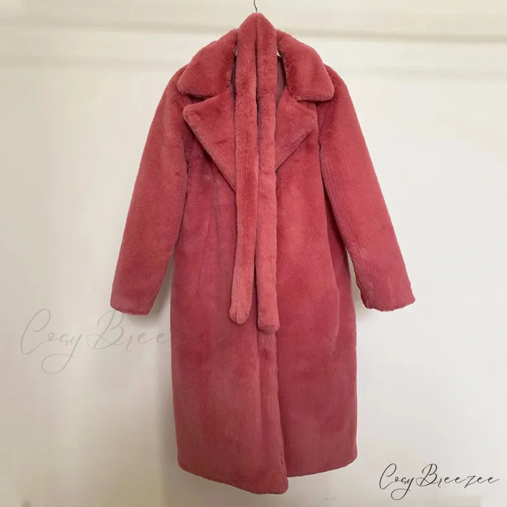 Faux Fur Stylish Long Belted Coat watermelon red coat / S