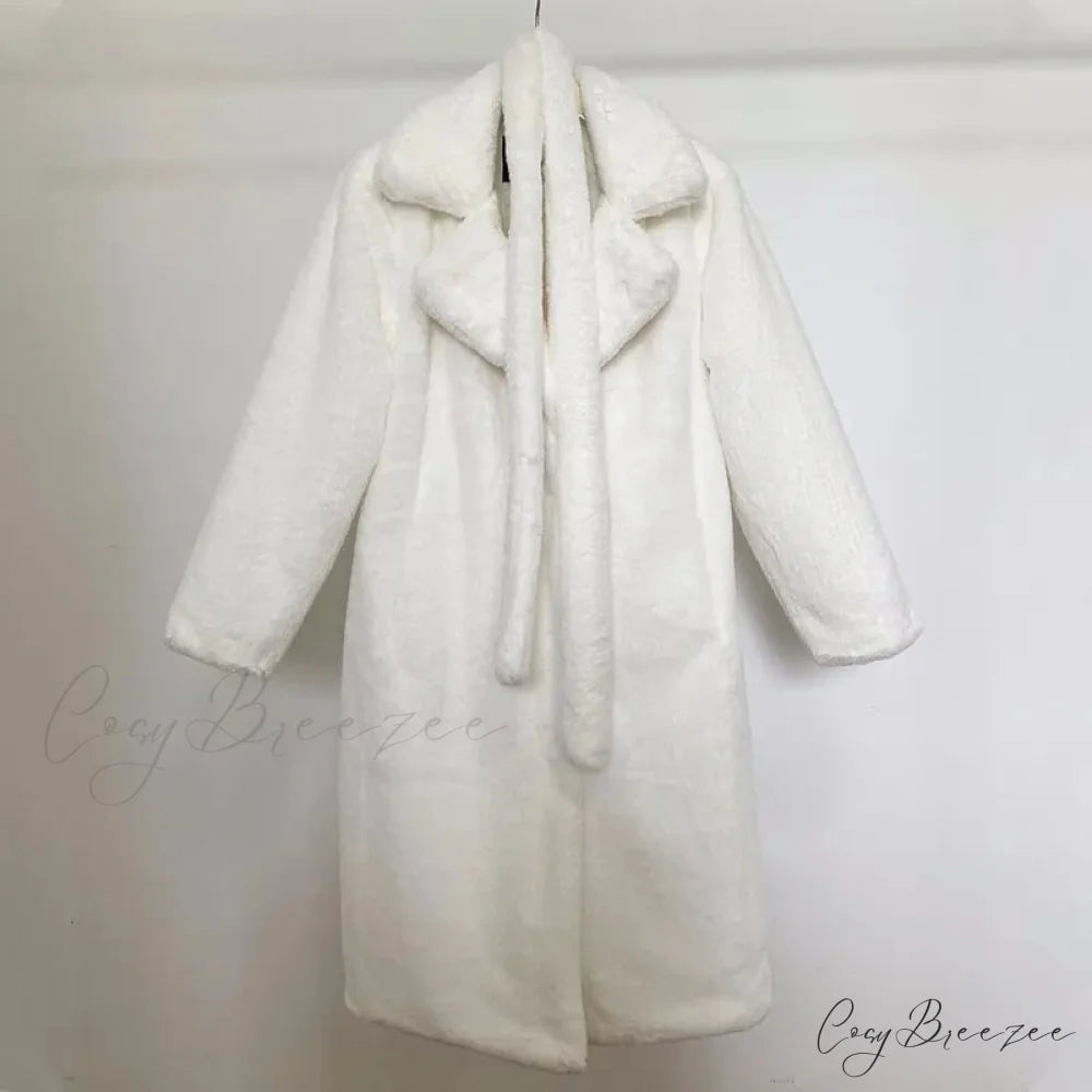 Faux Fur Stylish Long Belted Coat white fur coat / S