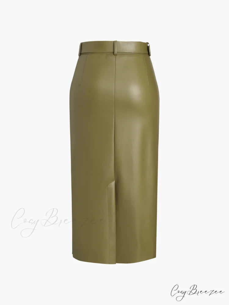 Faux Leather Belted Trendy Split Midi Skirt