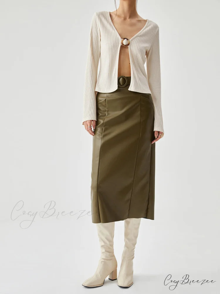 Faux Leather Belted Trendy Split Midi Skirt