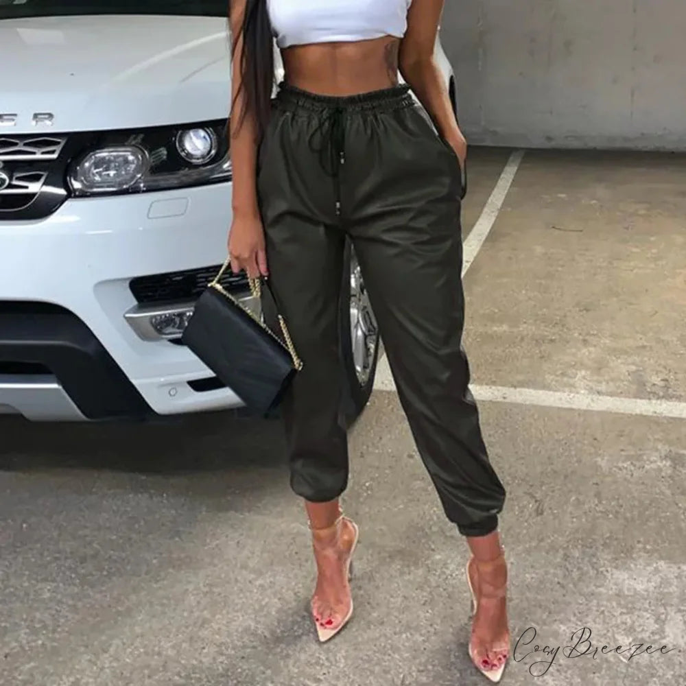 Faux Leather High Waist Joggers Pants pants-241228