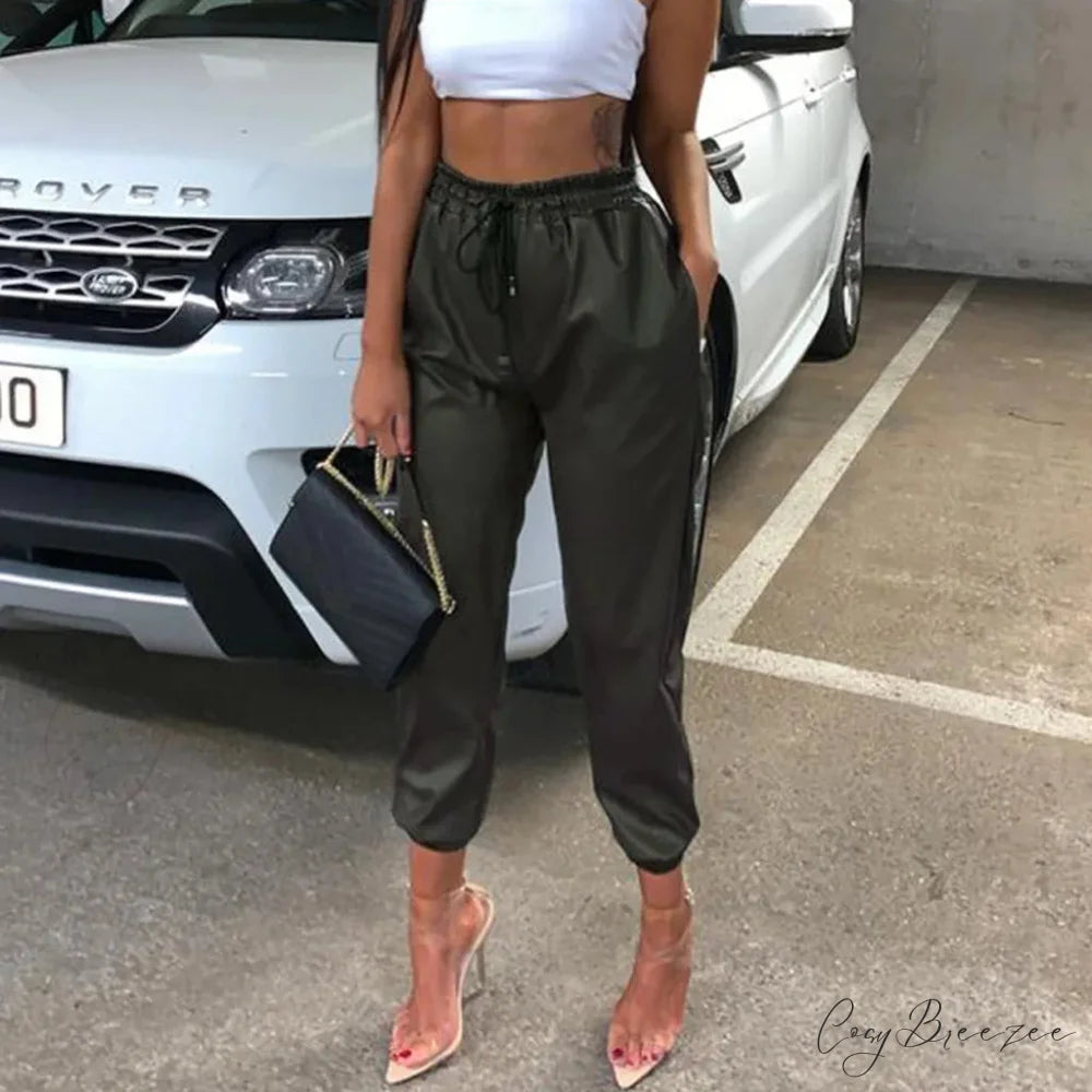 Faux Leather High Waist Joggers Pants Green / S pants-241228