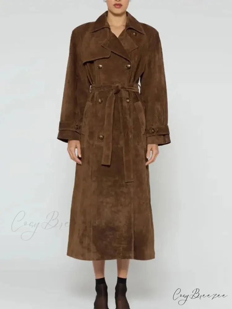 Faux Leather Lapel Double-Breasted Coat Brown / S overcoats-241228