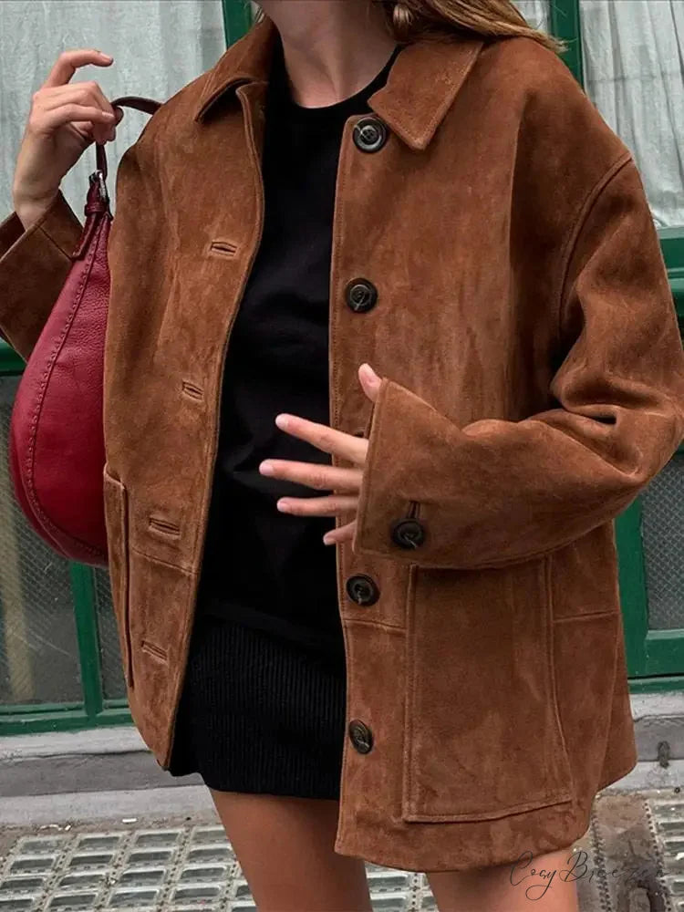 Faux Leather Lapel Double-Breasted Coat brown2 / S overcoats-241228