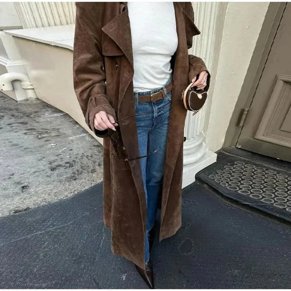 Faux Leather Lapel Double-Breasted Coat overcoats-241228