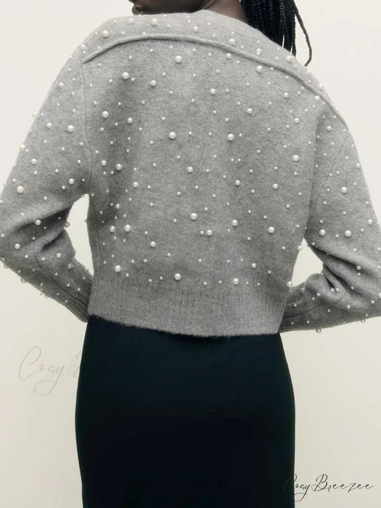Faux Pearl Zip Knit Cardigan
