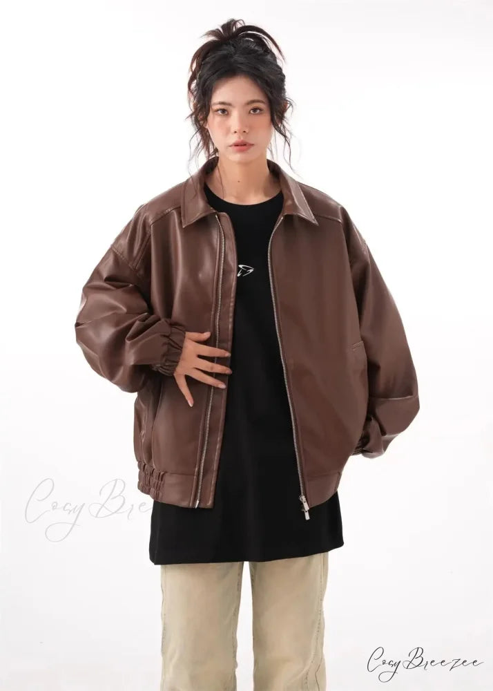 Faux PU Leather Vintage Long Sleeve Lapel Zipper Autumn Fashion Jacket
