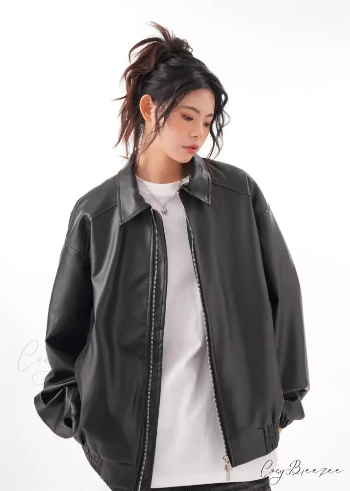 Faux PU Leather Vintage Long Sleeve Lapel Zipper Autumn Fashion Jacket
