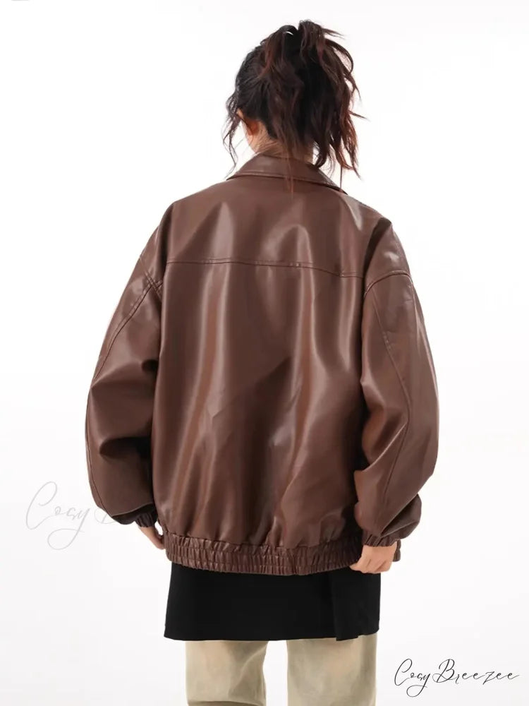 Faux PU Leather Vintage Long Sleeve Lapel Zipper Autumn Fashion Jacket