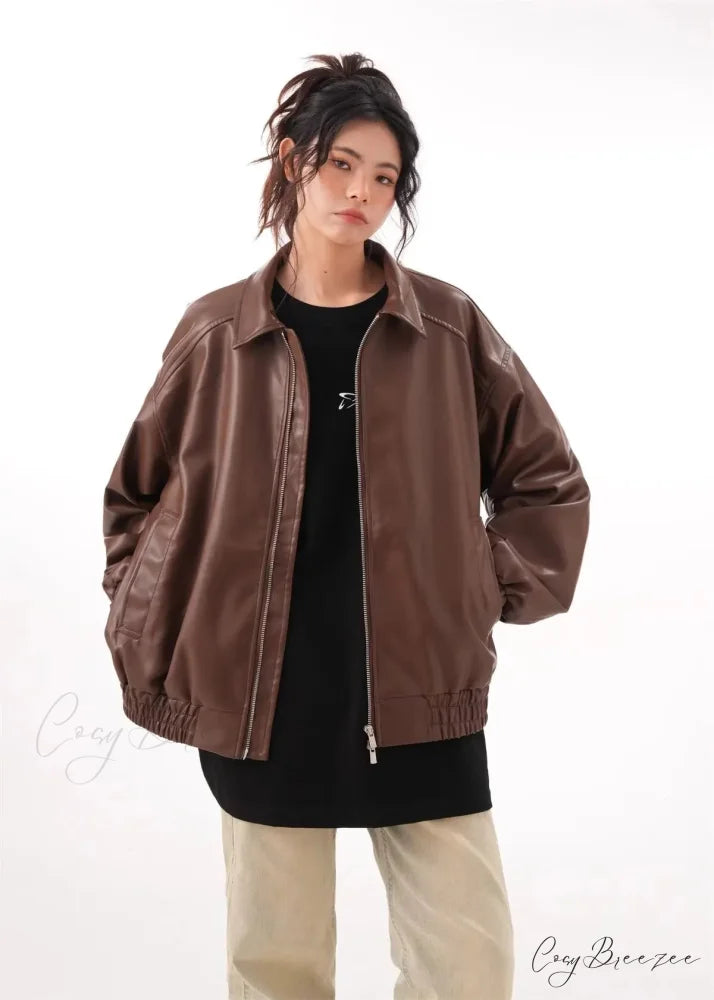 Faux PU Leather Vintage Long Sleeve Lapel Zipper Autumn Fashion Jacket Brown / M