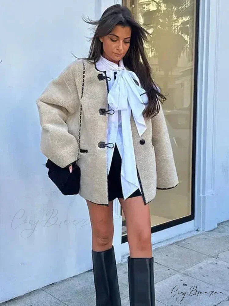 Faux Wool Loose Vintage O-Neck Coat overcoats-241228