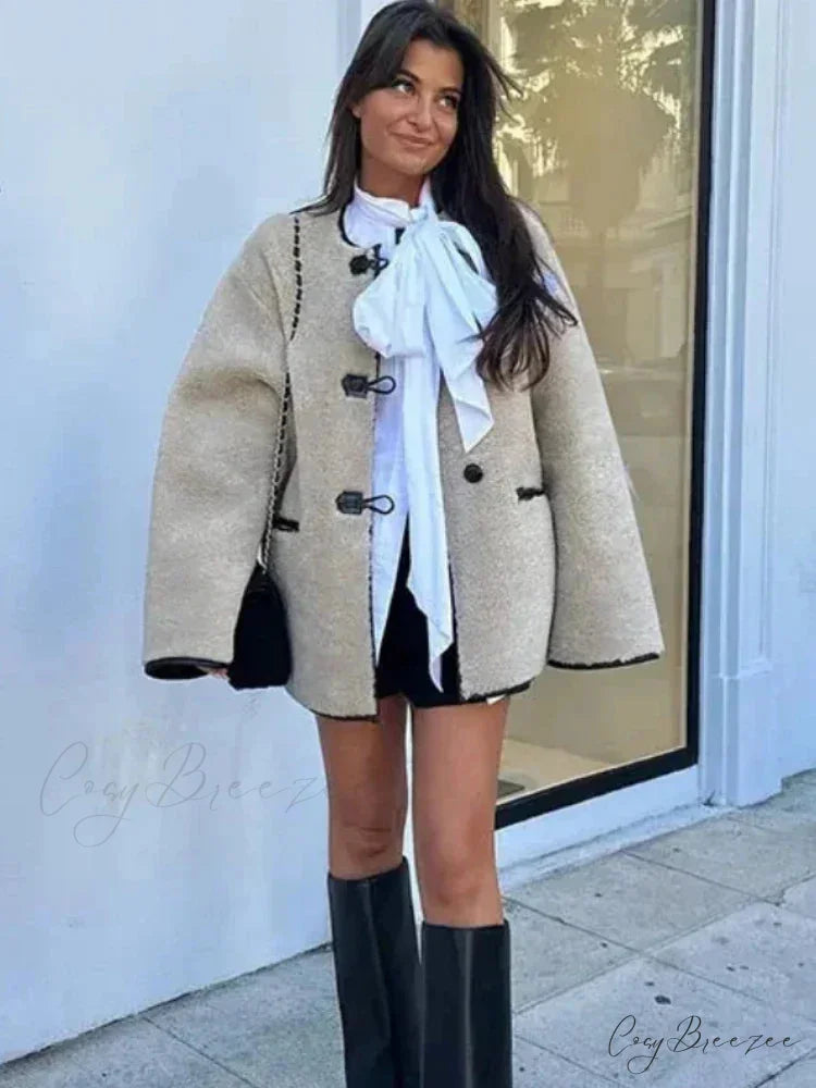 Faux Wool Loose Vintage O-Neck Coat overcoats-241228