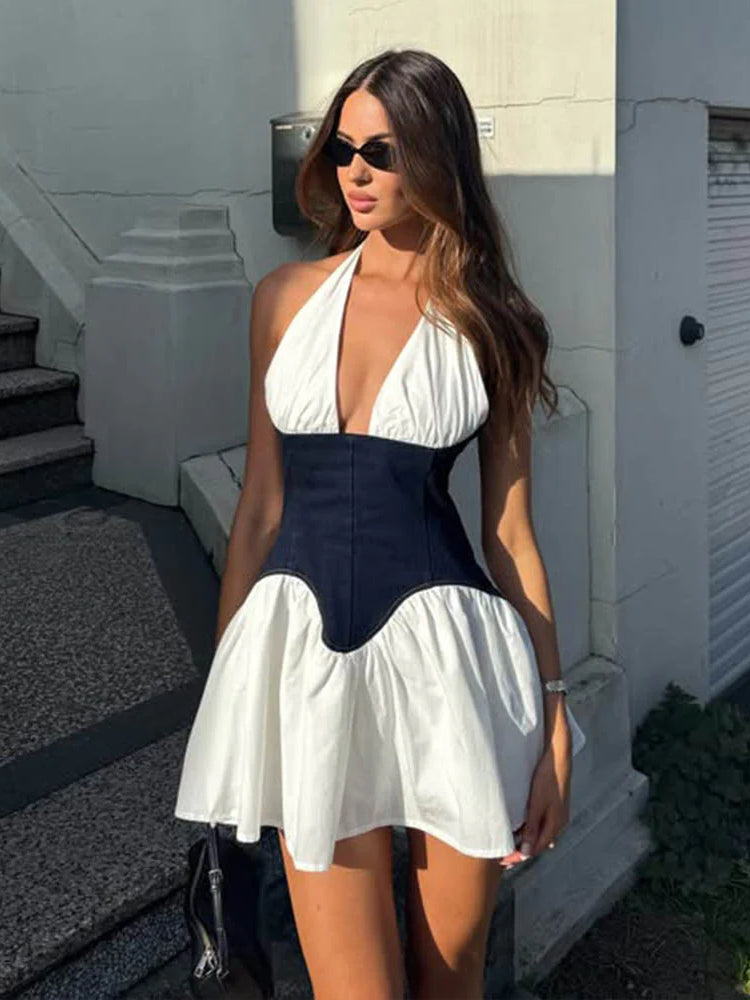 Sexy Deep V Neck Halter Waist-Cinching A-Line Dress Party Dress