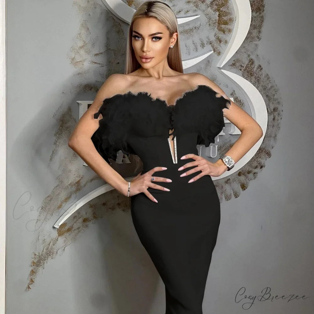Feather Off-Shoulder Midi Party Dress Black / XS
