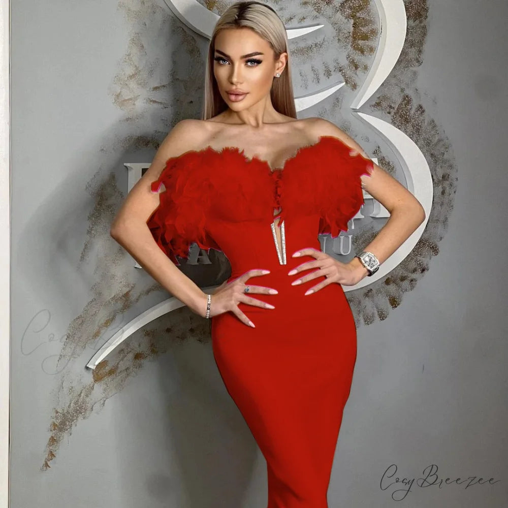 Feather Off-Shoulder Midi Party Dress Red / XS