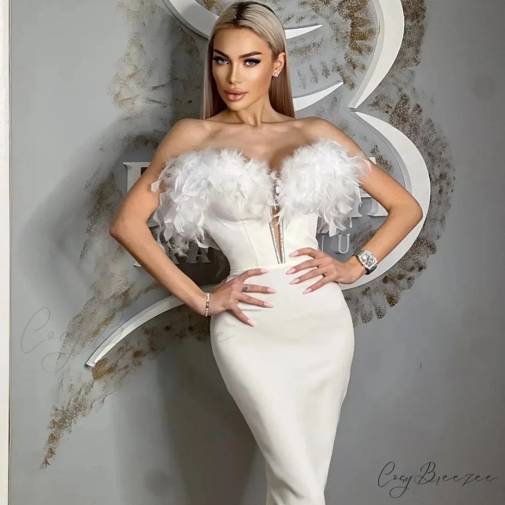 Feather Off-Shoulder Midi Party Dress WHITE / XS