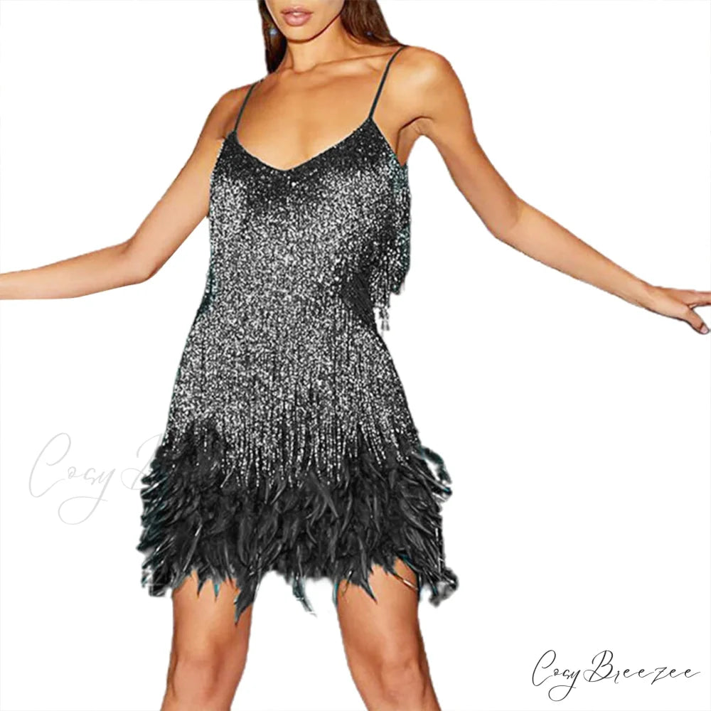Feather Sequin Off-Shoulder Mini Party Dress Black / S
