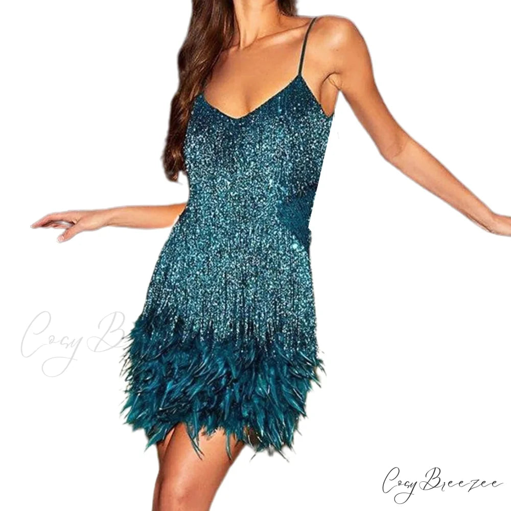 Feather Sequin Off-Shoulder Mini Party Dress Green / S